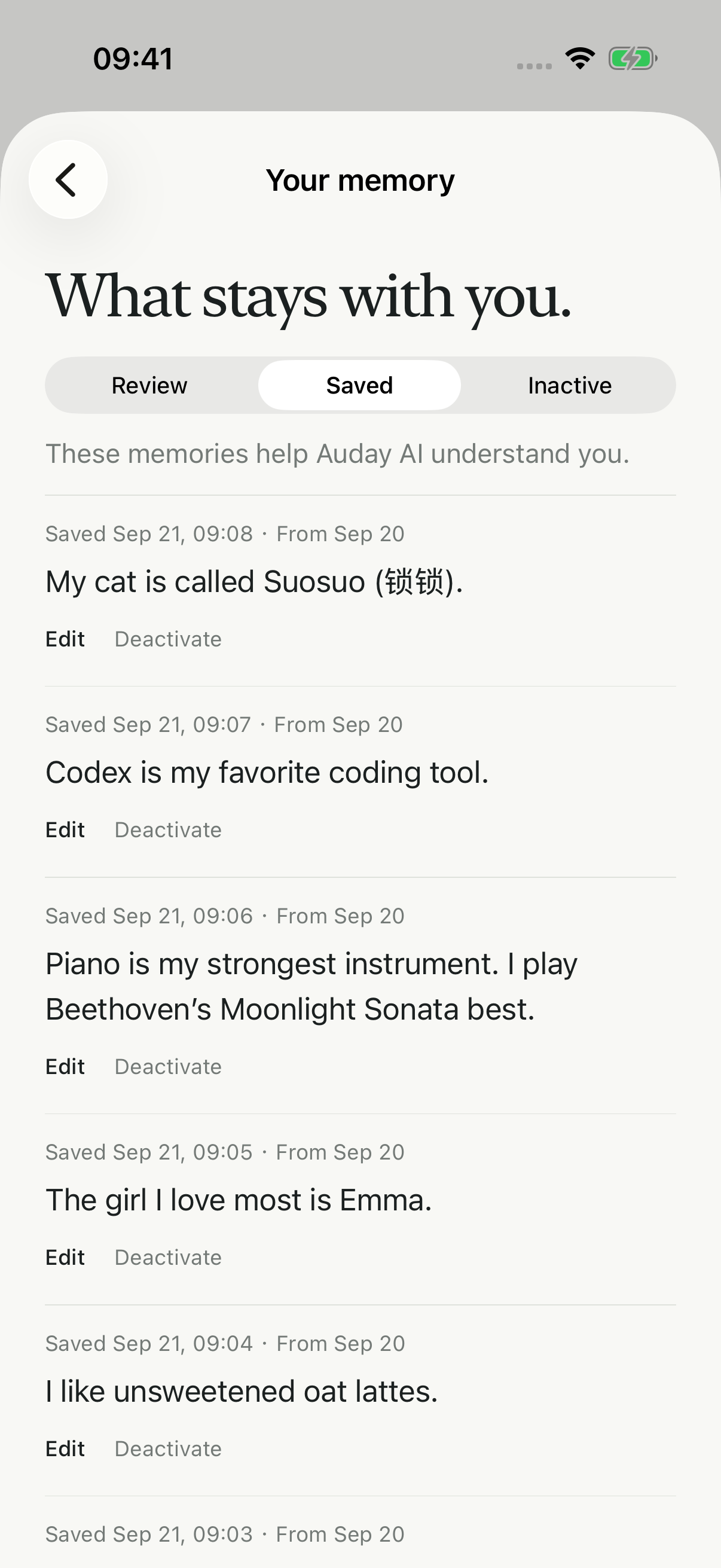 Auday Your memory · Saved example data